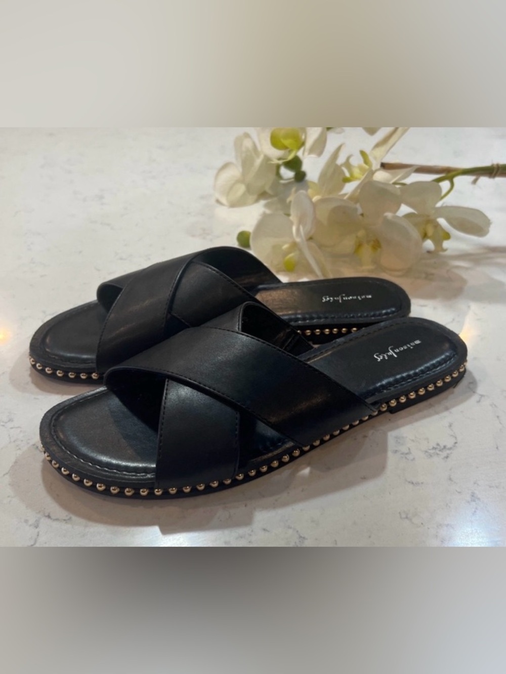 Maison Jules black slide slip-on sandals with gold trim size 8.5